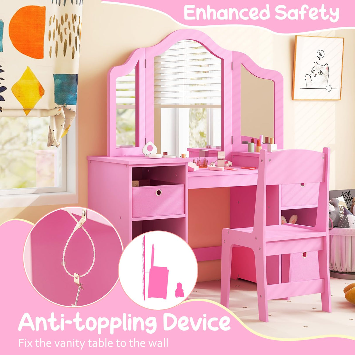 Costzon Kids Vanity, 2 in 1 Princess Makeup Desk & Chair Set with Tri-Folding Mirror, 4 Storage Bins, Wooden Toddler Vanity Dressing Table, Pretend Play Vanity Set for Little Girls (Pink) Costzon