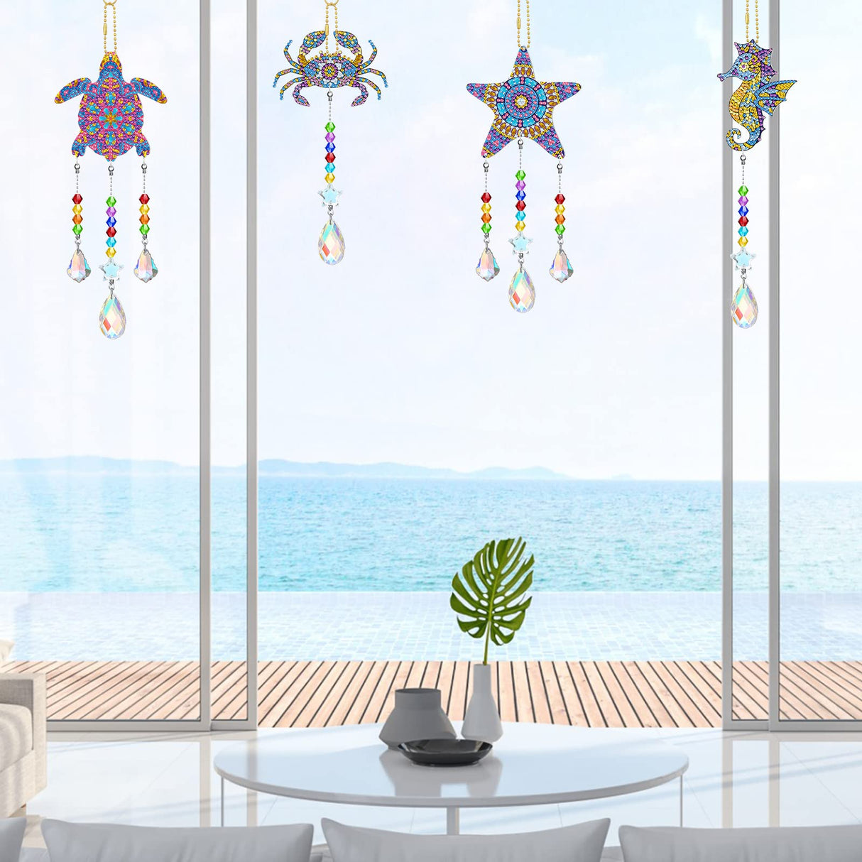 Tigeen 4 Pcs Diamond Art Painting Suncatchers, Ocean Themed Decorations Double Sided Crystal Sea Animal Wind Chime DIY Diamond Painting Animals Crystal Hanging Ornament with Chain for Adults Home Tigeen