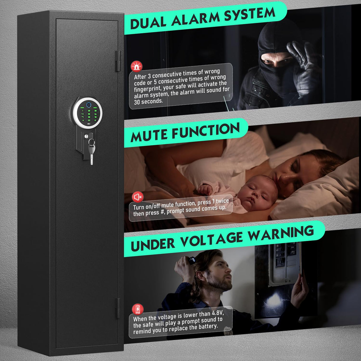 Riflewell 2-3 Rifle Gun Safe, Biometric Fingerprint Gun Safe for Home Rifle and Shotguns, Quick Access Gun Cabinets with LED Light, Rifle Safe with Adjustable Gun Rack and Removable Shelf Riflewell