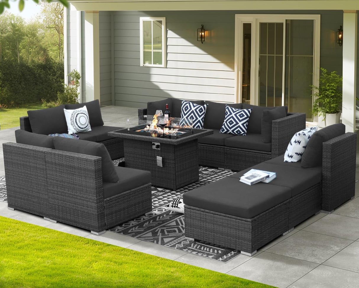 NICESOUL 11 Piece Outdoor Furniture Set with Firepit, Luxury Big 10-Person Patio Sectional, Chill 29.3'' High-Back Backyard Seating Area, All-Weather Rattan Couch Set for Outside, Deck, Dark Grey NICESOUL