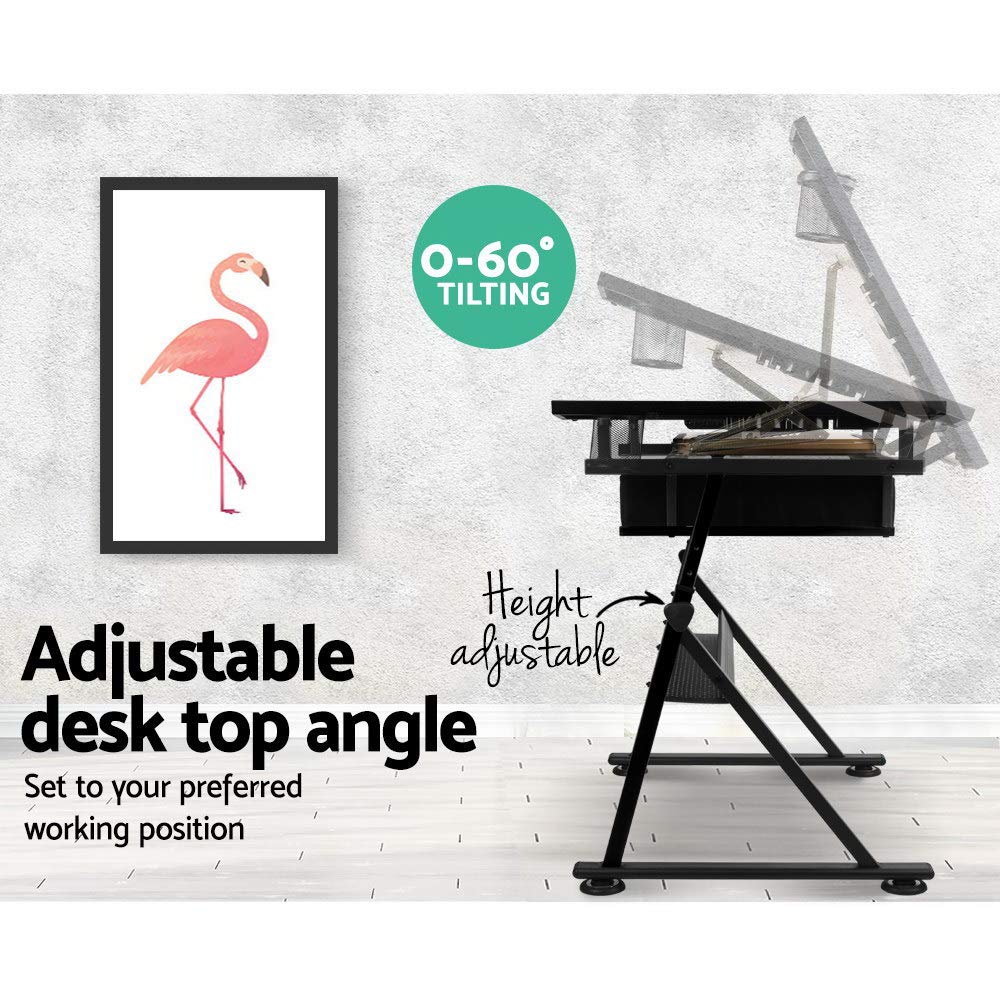 Drawing Table Stool Set Artiss Ajustable Metal Base Art & Craft Drafting Desk Table Art/Workstation with Removable Side Tray Drawers for Student Adults Artiss