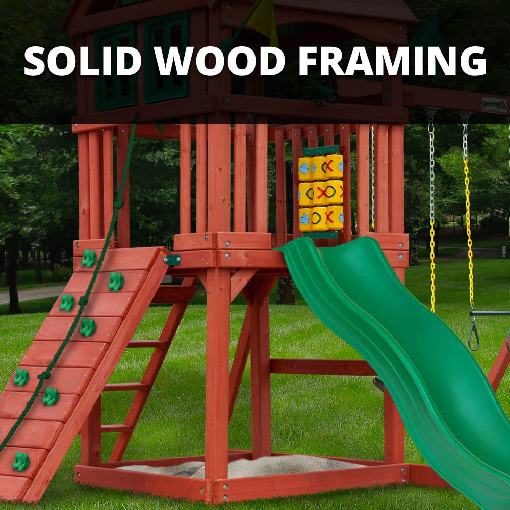 Gorilla Playsets 01-0021 Nantucket II Wood Swing Set with Wood Roof, Two Swings, Slide, Sandbox Area, Rock Wall, Redwood Color Gorilla Playsets