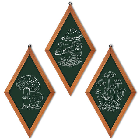 Gulfmew 3 Pcs Mushroom Art Wall Decor 70s Home Vintage Aesthetic Boho Farmhouse Whimsical Home Decor Wood Diamond Frame Flower Hanging Wall Frame for Apartment Bedroom Office(Dark Green, Mushroom) Gulfmew