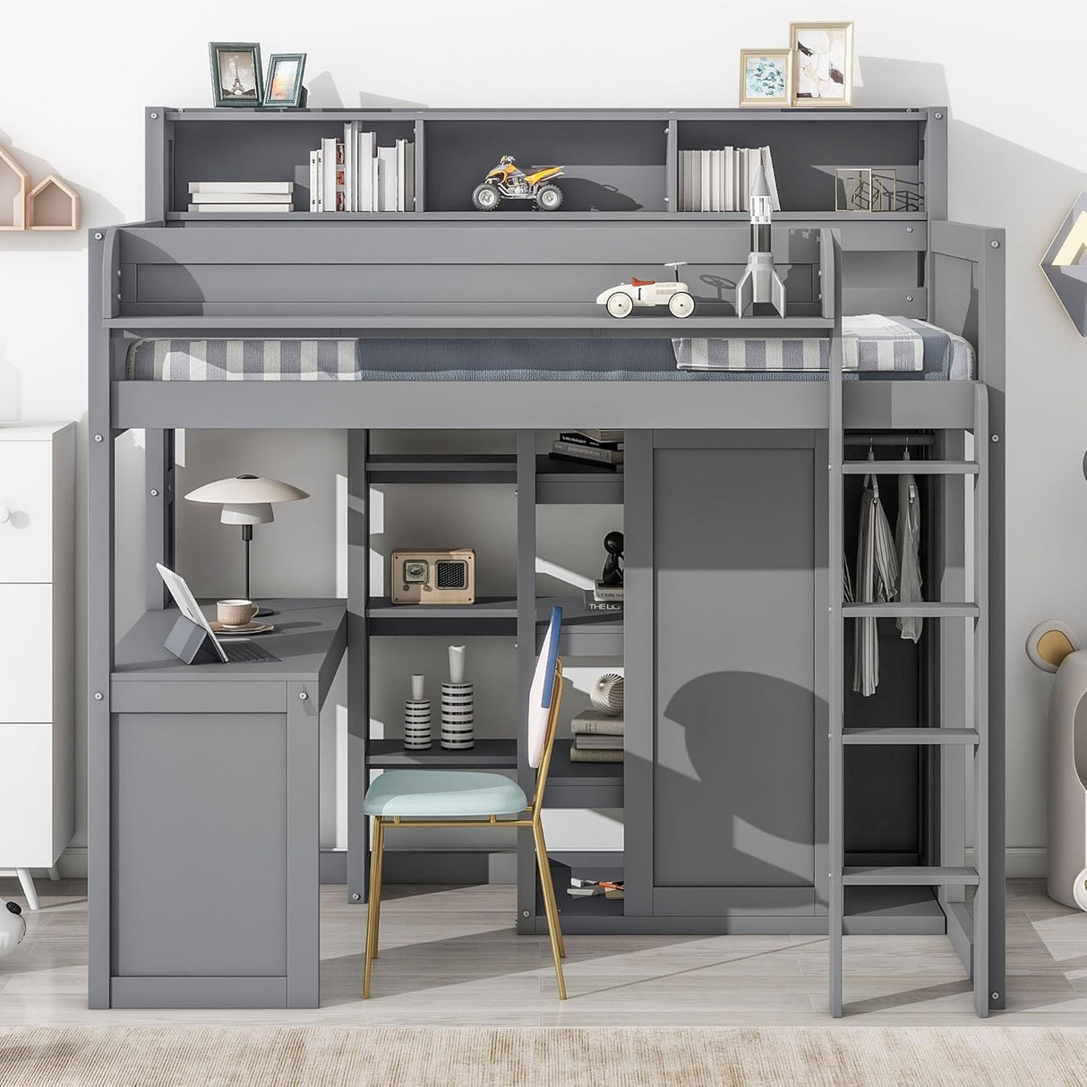 MERITLINE Twin Loft Bed with Desk and Storage Wardrobe & Shelves, Solid Wood Loft Bed Frame with Storage Shelves Bookcase Bookshelf for Teens Adults (Gray,Twin) MERITLINE