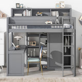 MERITLINE Twin Loft Bed with Desk and Storage Wardrobe & Shelves, Solid Wood Loft Bed Frame with Storage Shelves Bookcase Bookshelf for Teens Adults (Gray,Twin) MERITLINE