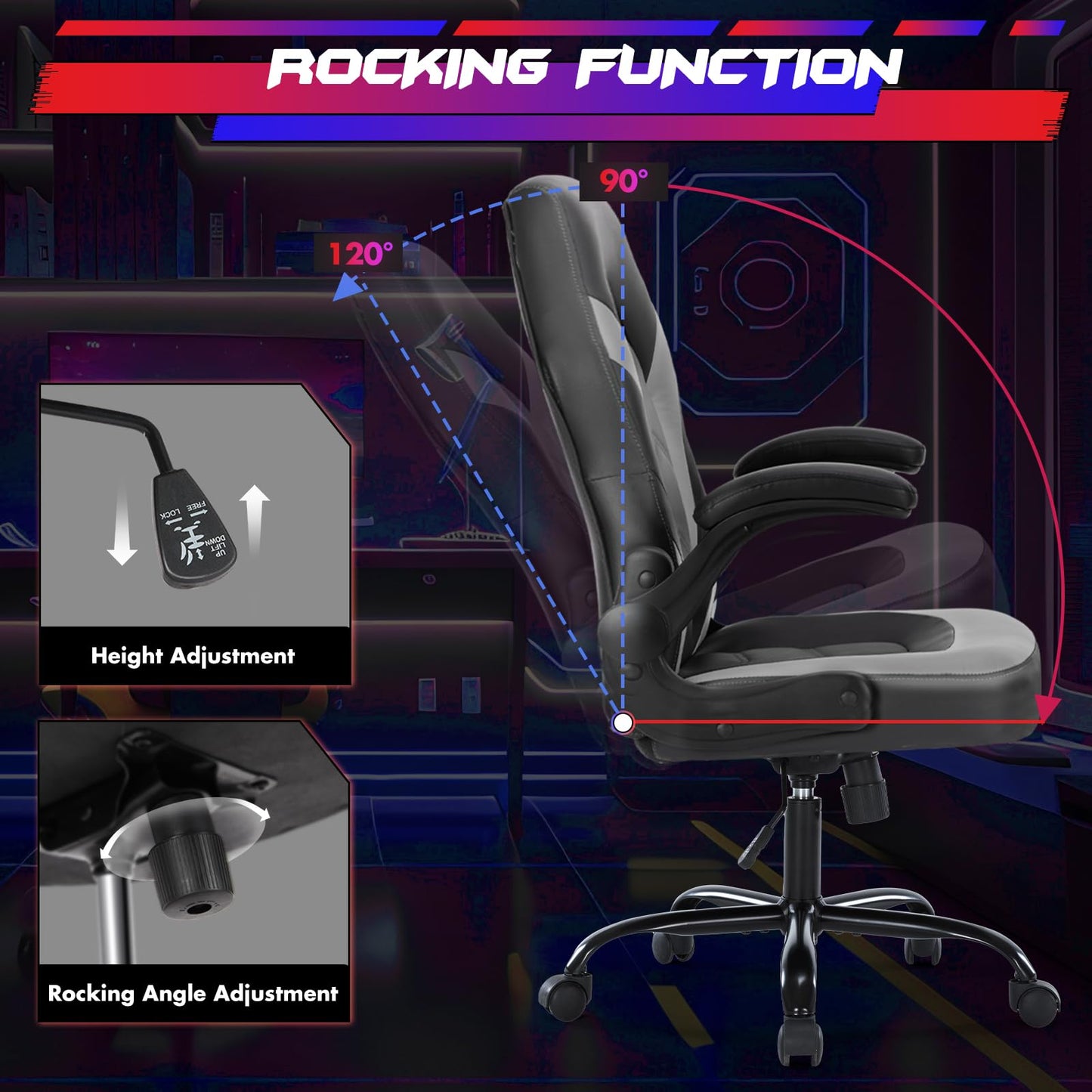 Sweetcrispy Computer Gaming Desk Chair - Ergonomic PU Leather with Comfy Lumbar Support, Height Adjustable Rolling Desk with Flip-up Armrests, for Home and Office