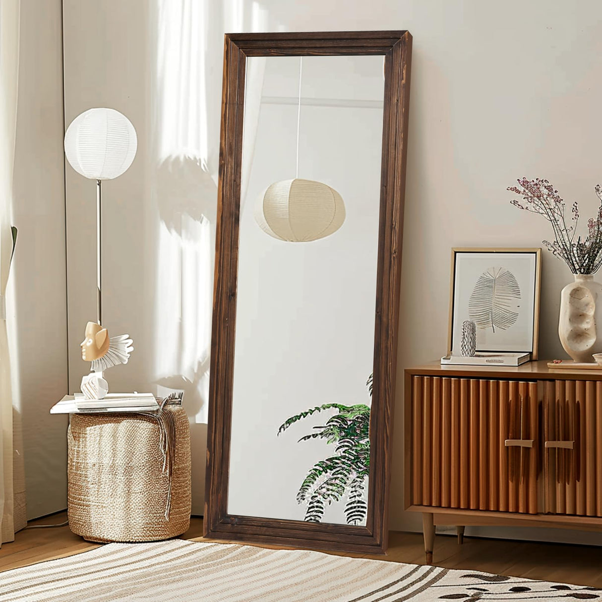 ABSWHLM Full Length Mirror 65"x24" Solid Wood Frame Floor Large Mirror for Living Room, Bedroom Hanging or Leaning Wall-Mounted, Brown ABSWHLM