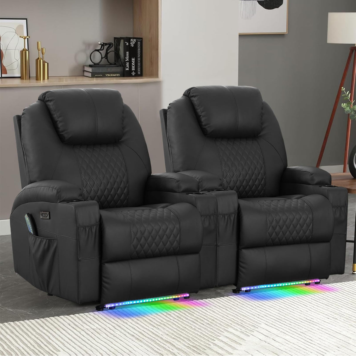WISHDEER Power Recliner Chair with Heat and Massage for Adults - Home Theater Seating with LED Lights,Cup Holders,Side Pocket,USB Port - Recliner Sofa for Living Room(Black, Set of 2) WISHDEER