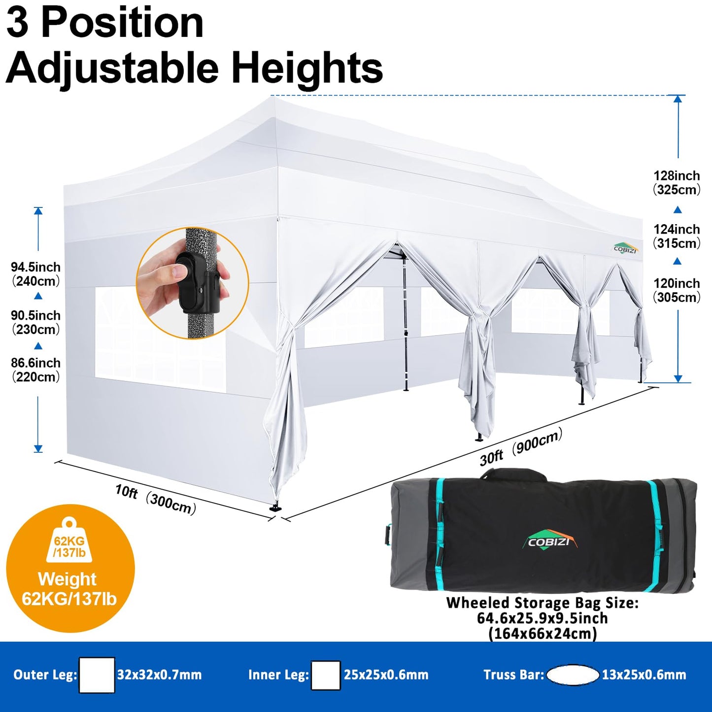 COBIZI 10x30 Pop up Canopy Tent 10x30 Canopy with 8 Sidewalls Waterproof Heavy Duty Commercial Canopy Tent for Parties Outdoor Tent Garden Gazebo Tent, Carry Bag with Wheel(10x30ft, White) - WoodArtSupply