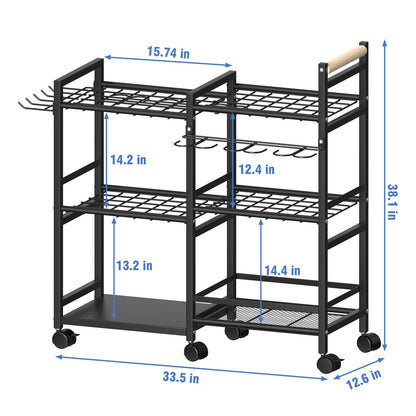 NADAMOO Large Garden Tool Organizer with Rolling Wheel, Metal Shelf Yard Tool Holder, 3-tier Utility Stand Rack for Garage Organization and Storage, Hold Long-Handled Rakes, Shovel, Broom