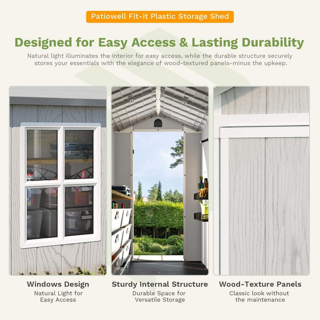 Patiowell 4 x 8 FT Plastic Outdoor Storage Shed with Floor, Resin Outside Tool Shed with Two Windows and Lockable Door for Garden, Backyard, Tool Storage Use, Easy to Install, Light Grey(Fit-it Shed) Patiowell