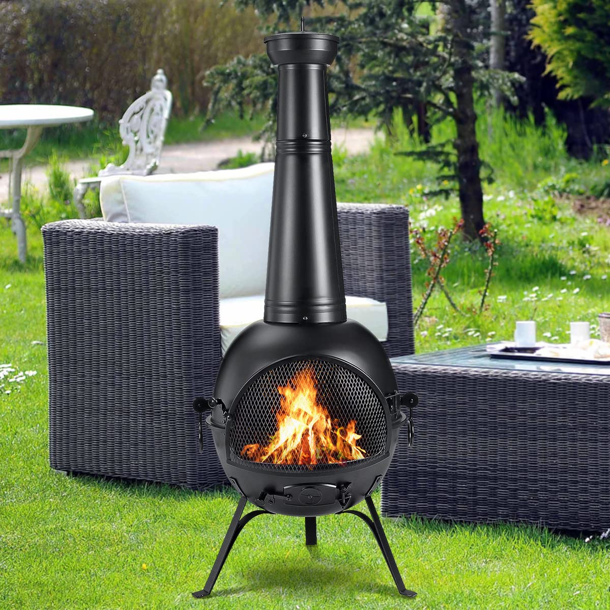 SINGLYFIRE Prairie Fire Outdoor Chiminea Fireplace Deck or Patio Backyard Wooden Fire Pit with Chiminea Cover Rust-Free Iron Black SINGLYFIRE