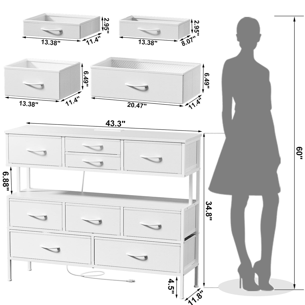 REAHOME Dresser TV Stand with Charging Station and LED Lights, 55” TV Stand with 9 Drawers, Fabric Dresser for Bedroom, Steel Frame, Large Storage Chest of Drawers for Closet, Living Room, White REAHOME