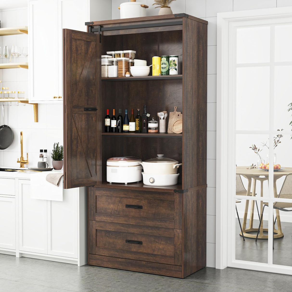 Hlivelood 72" Tall Storage Cabinet with Barn Doors & 2 Drawer, Pantry Cabinet with Adjustable Shelves, Rustic Wood Cupboard for Kitchen, Dining Room, Living Room, Brown Hlivelood