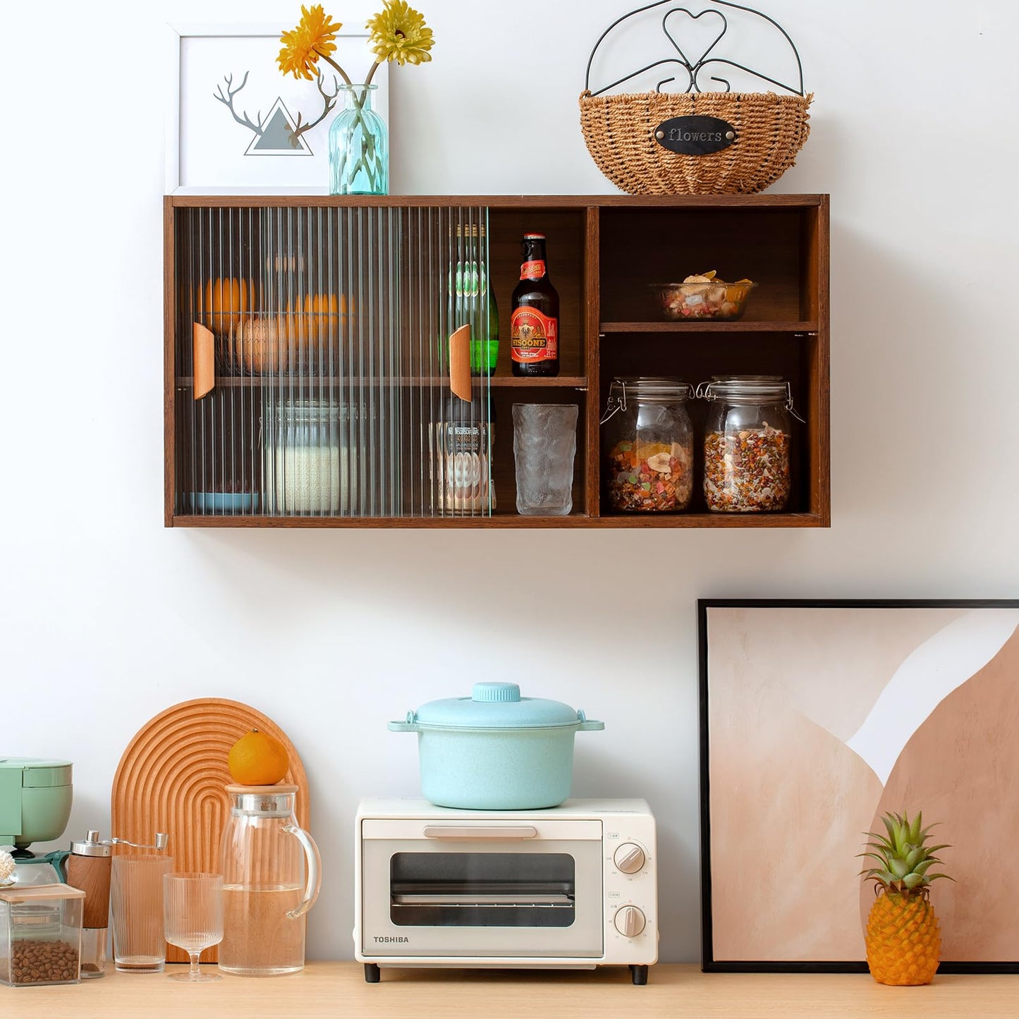 HollyHOME Bamboo Wall Mounted Kitchen Sideboard with 2 Sliding Glass Door, Freestanding Wall Storage Cabinet with Side Shelf for Bottle, Dish, Bowl, Console Dining Cupboard, Walnut - WoodArtSupply