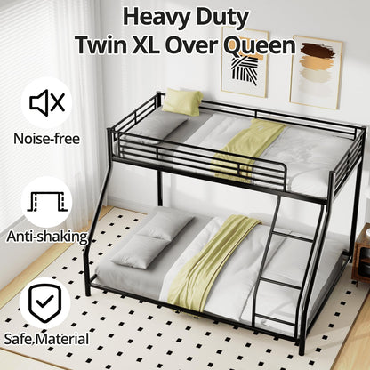 TURRIDU Twin XL Over Queen Bunk Bed, Heavy Duty Metal Bunk Bed Frame with Full-Length Guardrails & Ladders, Bedroom Bunk Bed for Teens, Adults, Noise Free, Black