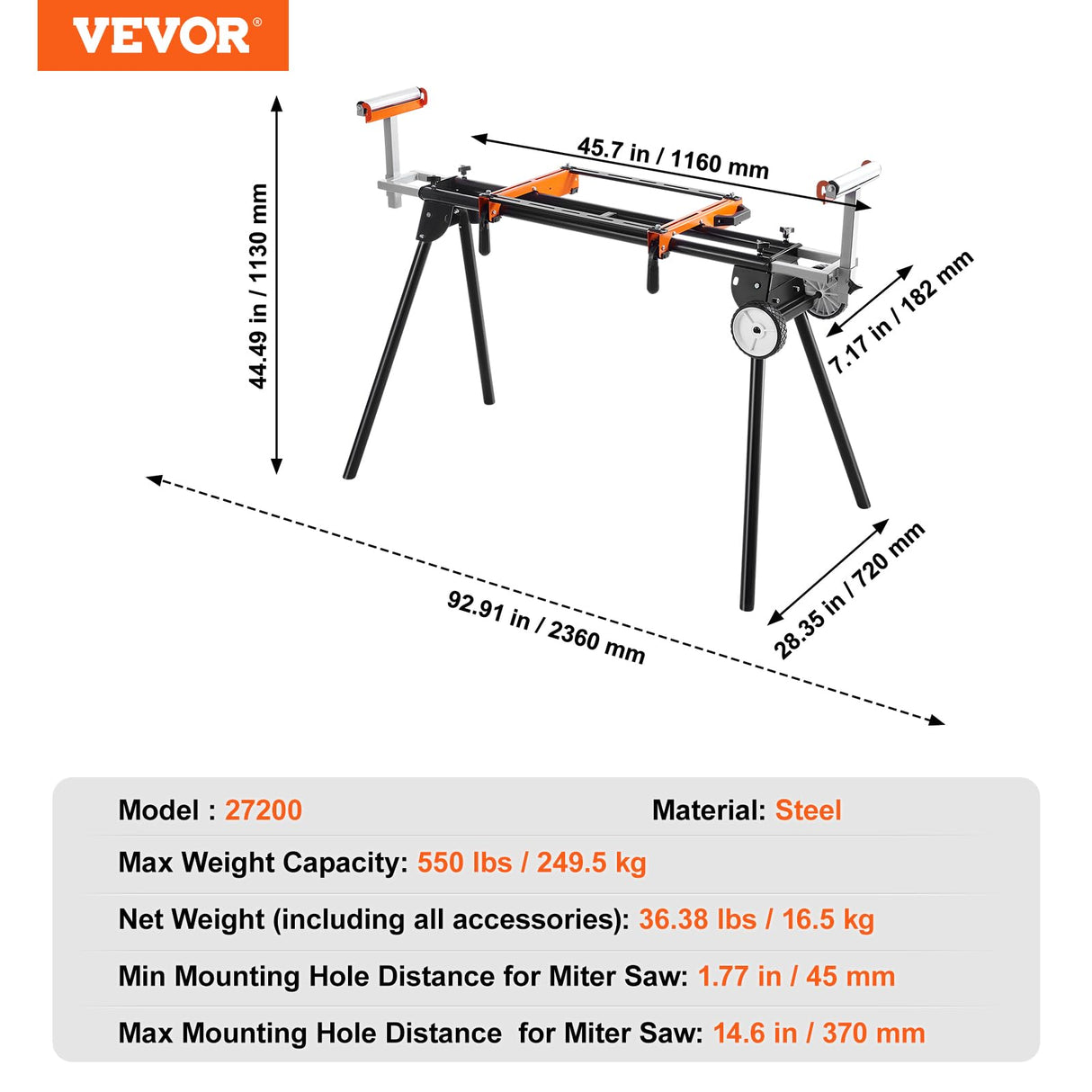 VEVOR Miter Saw Stand, 93in Collapsible Miter Saw Stand with Integral Mounting Bracket Clamp, Height and Length Adjustable, 500lbs Load Capacity with Wheels Portable Compact Folding Miter Saw Stand VEVOR