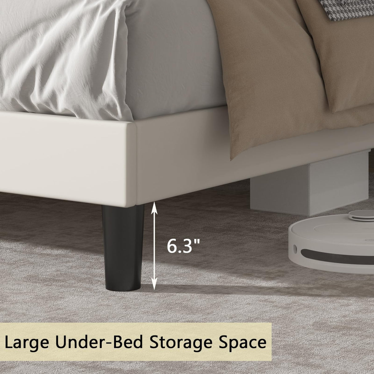 HOMBCK King Bed Frame with LED Lights, Velvet Upholstered Platform Bed with Storage Headboard and Charging Station, King Bed Frame with Diamond Design, Wood Slats Support, No Box Spring Needed, White HOMBCK