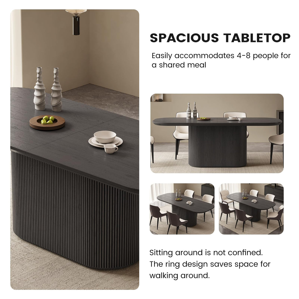 GraceNook 86" Wood Oval Dining Table for 2-8, Large Modern Dining Room Table, Pedestal Dining Kitchen Table with Sleek Ripple Pedestal, Large Minimalist Table for Meal, Dinner, Study GraceNook