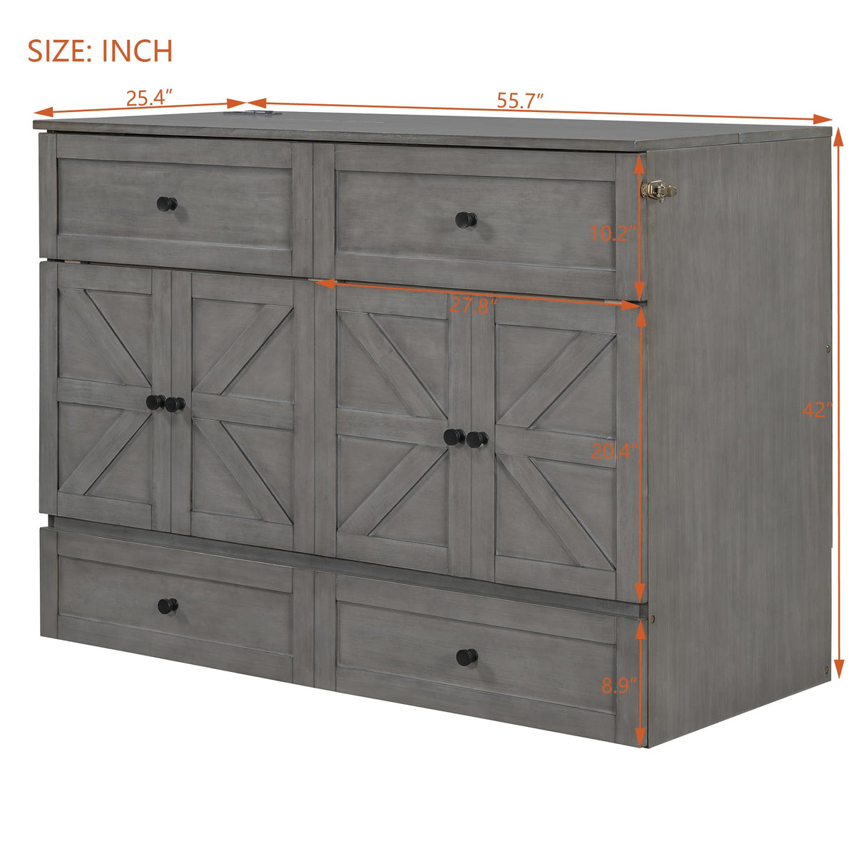 YOPTO Full Size Murphy Bed Chest,Folding Storage Wall Bed with Large Drawers,USB Ports & 2 Three-Prong Outlets,Hidden Cabinet Platform Bed W/Wood Slats Support,for Bedroom,Guest Room,Brushed Gray YOPTO