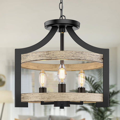3-Light Rustic Farmhouse Pendant Hanging Light Adjustable Height Max 68in, Convertible Vintage Semi Flush Mount Ceiling Light Fixture Black Metal Chandelier White Birch Wood Finish Kitchen Dining Room BesLowe
