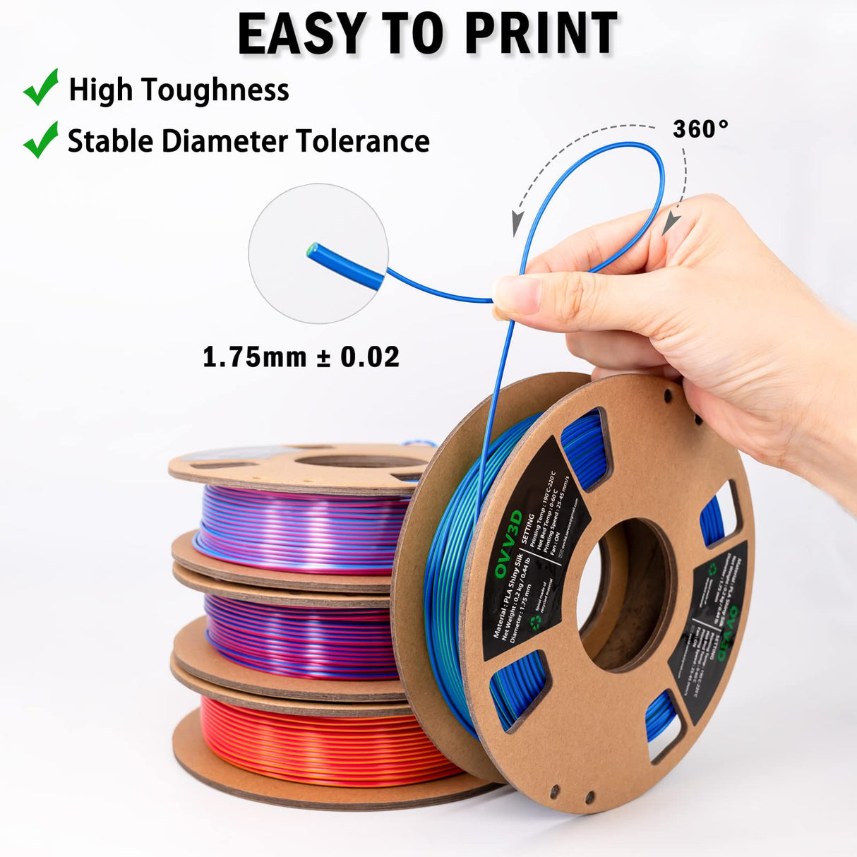 OVV3D 3D Printer Filament, PLA Filament 1.75mm Bundle, Dual Color Filament, Coextrusion 3D Filament, Silk PLA Color Change Every Inch, 3D Printing Filament +/-0.02mm, 200g X 4 Spool OVVNYXE