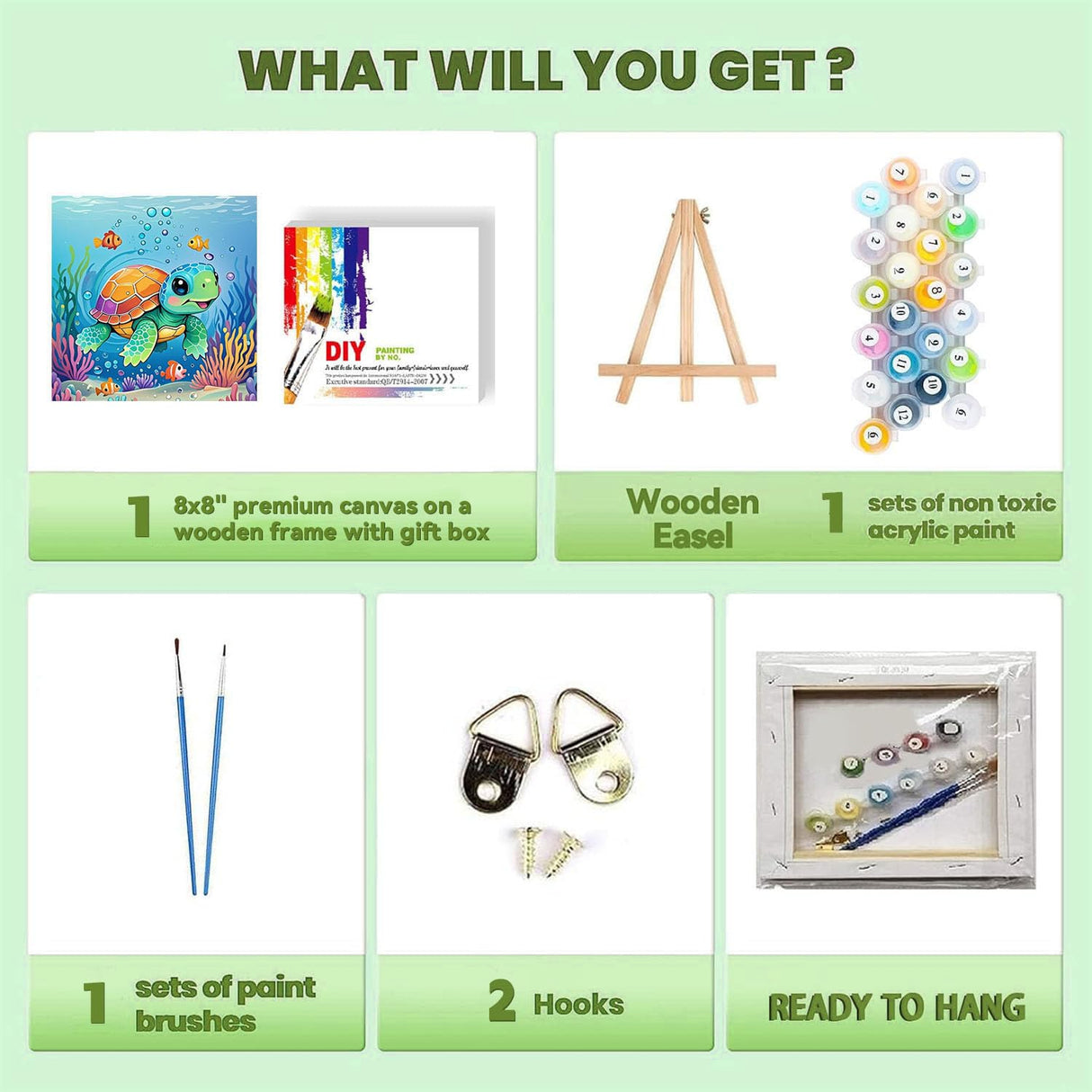 cviokrdu Turtles Paint by Numbers Kit for Kids with Frame - Wooden Easel, Sea Animals Paint by Numbers for Kids Ages 4 8 12, Easy Acrylic Oil Painting Kits for Home Wall Decoration 8x8 inch cviokrdu