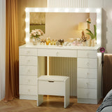 VOWNER Vanity with Lighted Mirror - Makeup Vanity Desk with 11 Drawers and Outlet, 3 Color Lighting Modes Adjustable Brightness, 46" Vanity Table with Soft Cushioned Stool for Bedroom, White VOWNER