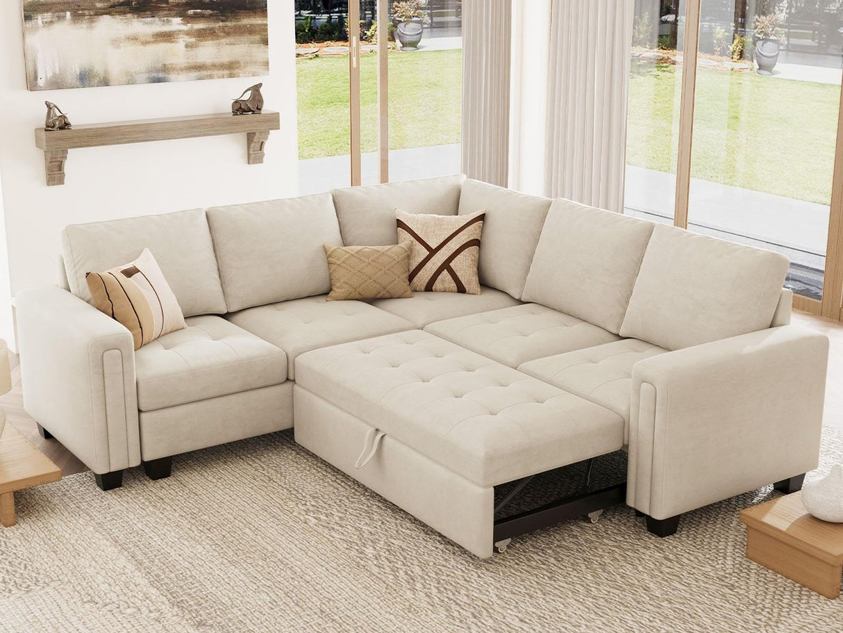 Belffin Modular Sectional Sleeper Sofa with Pull Out Couch Bed Velvet Convertible L Shaped Sectional Couch for Living Room Apartment Beige Belffin