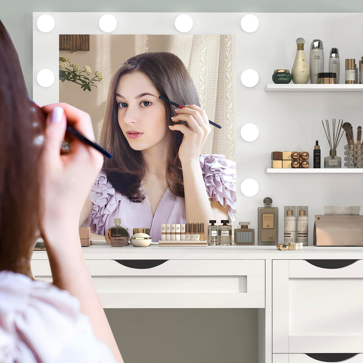 usikey Makeup Vanity Desk with Mirror and 10 LED Lights, Makeup Vanity Table with 4 Drawers, Vanity Desk Dressing Table with 2 Storage Shelves, 3 Color Modes Adjustable Brightness for Bedroom,White usikey