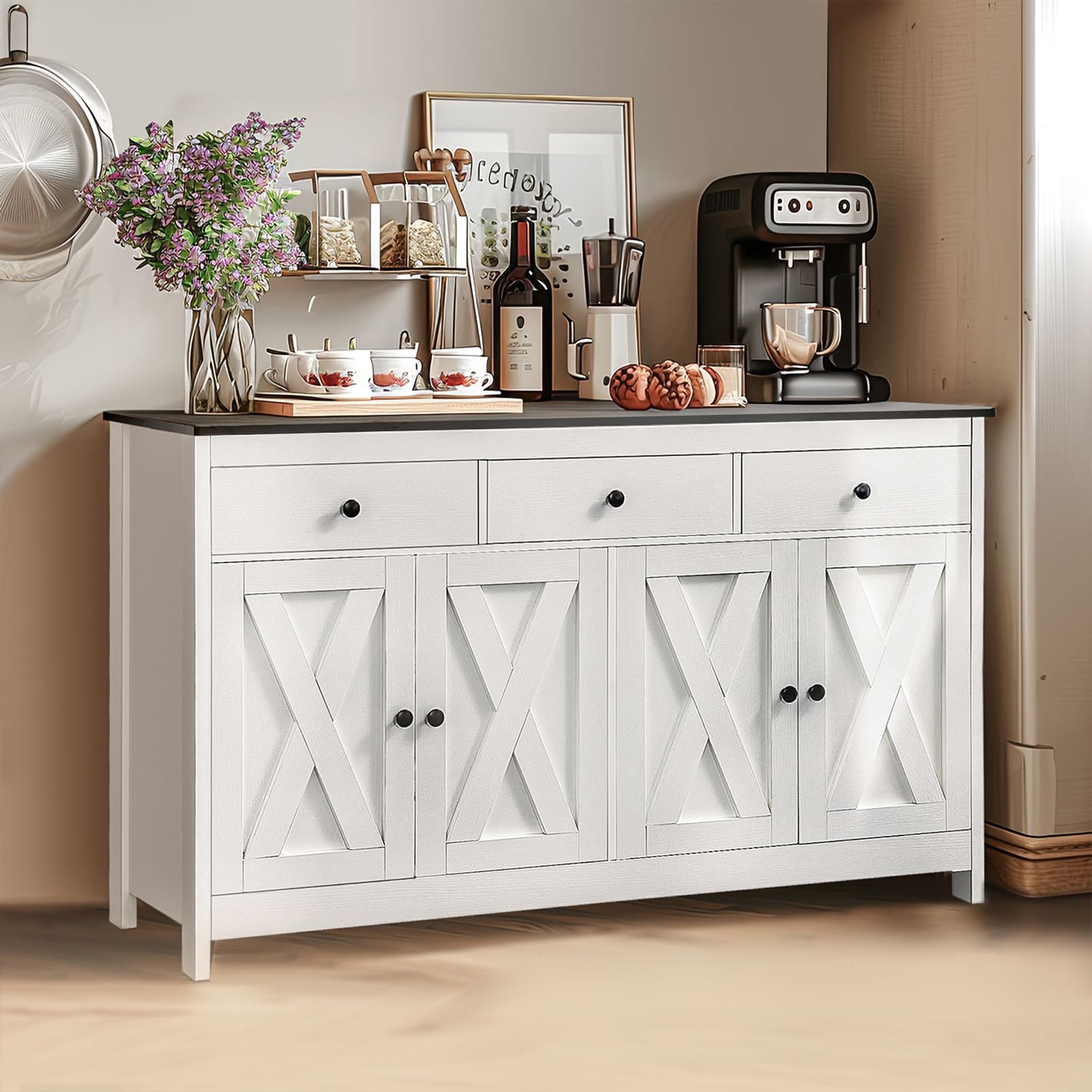 Generic Farmhouse Sideboard Buffet Cabinet, Coffee Bar Cabinet with Drawers and Doors, Buffet Cabinet with Drawers, Farmhouse Buffet Cabinet with Storage for Dinning Room, Kitchen, White - WoodArtSupply