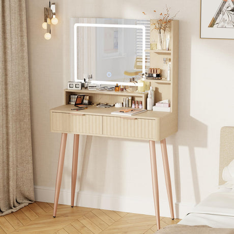 IKALIFE Fluted Makeup Vanity Desk with Mirror and Lights, 3 Color Modes & Adjustable Brightness Dressing Table, Small Vanity Table Set with 2 Drawers & Storage Shelves for Bedroom, Oak 31.5" IKALIFE