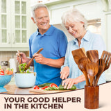 Wooden Spoons for Cooking, Teak Wooden Kitchen Utensil Set for Nonstick Cookware, Durable Wooden Cooking Utensils Set with Holder and Spoon Rest (9 Pcs) AYAWOW