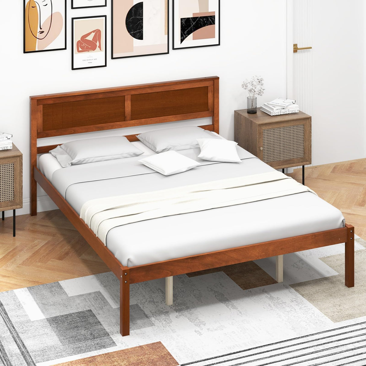 Giantex Wood Queen Platform Bed with Headboard, Mid Century Solid Wood Bed Frame with Wood Slat Support, Wooden Mattress Foundation with 12" Under Giantex