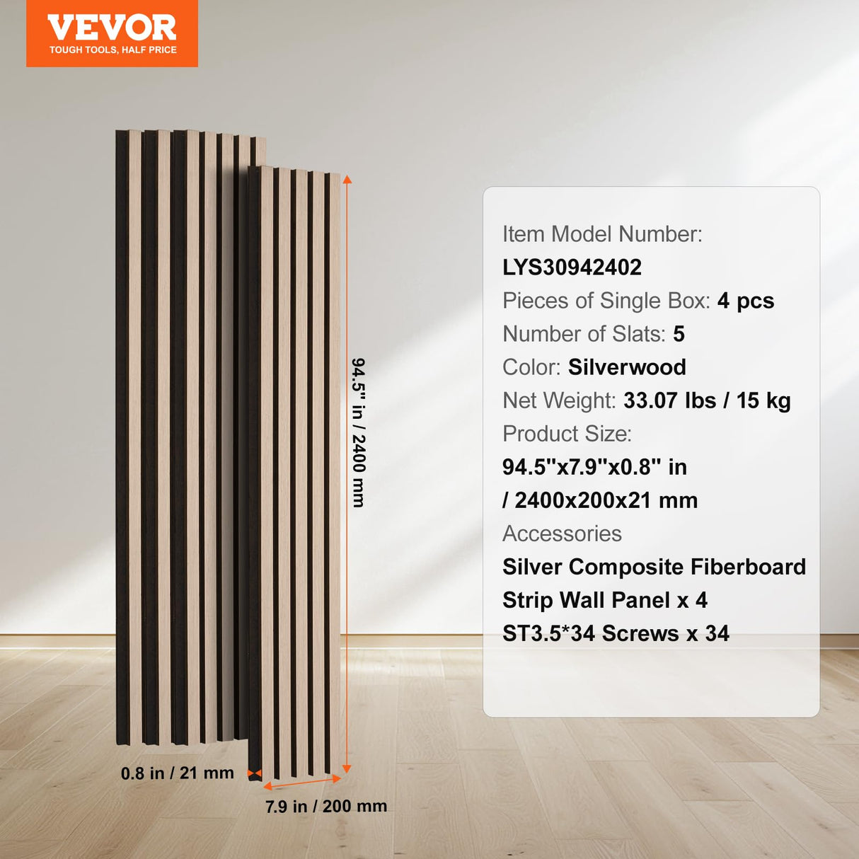VEVOR Wood Slat Acoustic Panel, 7.9 x 94.5 in, 4-Piece MDF Accent Wall, Faux Wood Board for Modern Interior Decor and Noise Reduction, Silver VEVOR