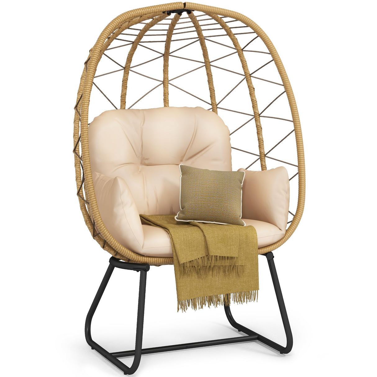 DWVO Egg Basket Chair Patio Chair with Stand Anti-Slip All-Weather Poratble Wicker Egg Lounger Chair for Indoor Outdoor 330LBS (Beige) DWVO