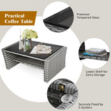 COSTWAY 4 Pieces Patio Rattan Furniture Set, Outdoor Wicker Sofa Set with Tempered Glass Coffee Table, Cushions, All Weather Rattan Conversation Set for Yard Balcony Backyard Pool, Grey COSTWAY