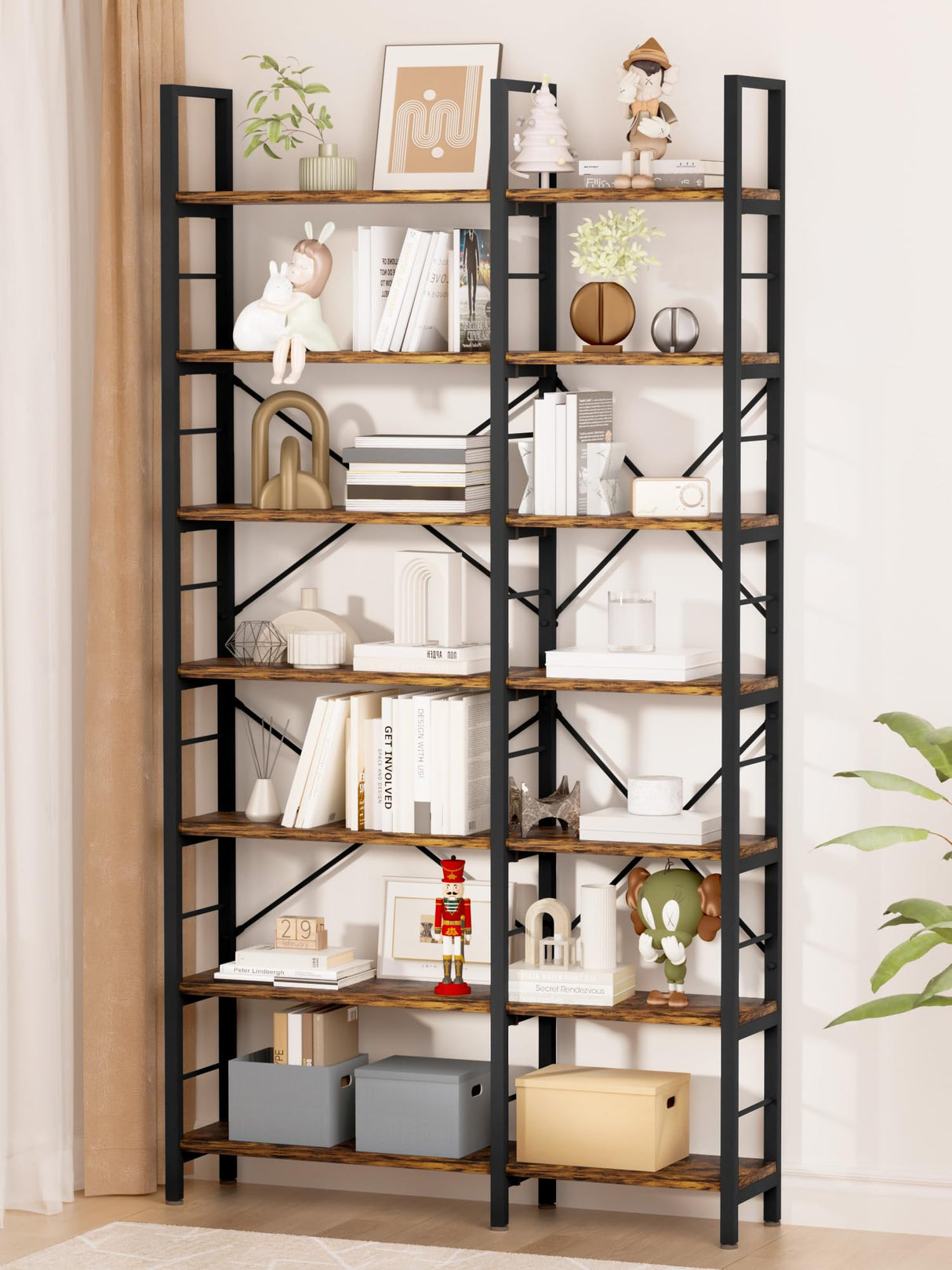 TEROL 7-Tier Corner Bookshelf, Reversible Wooden Shelves, Industrial Bookcase with Open Shelves and Sturdy Metal Frame, Display Shelf Storage Rack for Living Room, Bedroom, Home Office (Rustic Brown) TEROL