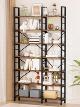 TEROL 7-Tier Corner Bookshelf, Reversible Wooden Shelves, Industrial Bookcase with Open Shelves and Sturdy Metal Frame, Display Shelf Storage Rack for Living Room, Bedroom, Home Office (Rustic Brown) TEROL