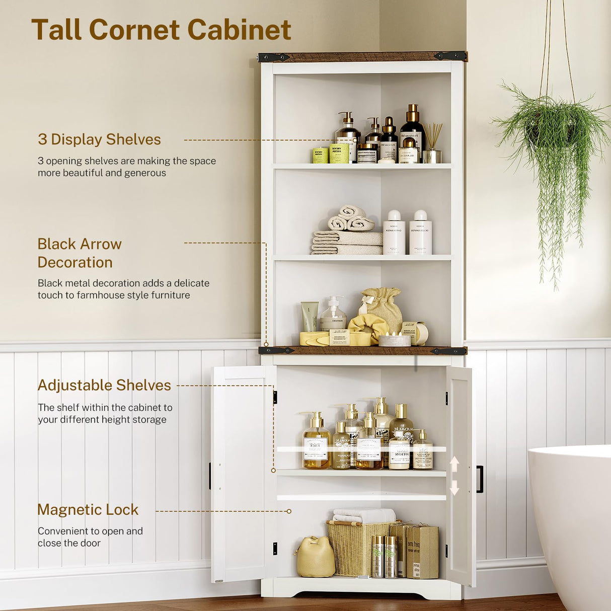 TEENFON Farmhouse Corner Cabinet, 70" H Tall Corner Hutch with 5 Shelves & 2 Barn Doors, Bathroom Cabinet with Adjustable Shelf, for Living Room, Kitchen, Bathroom, White TEENFON