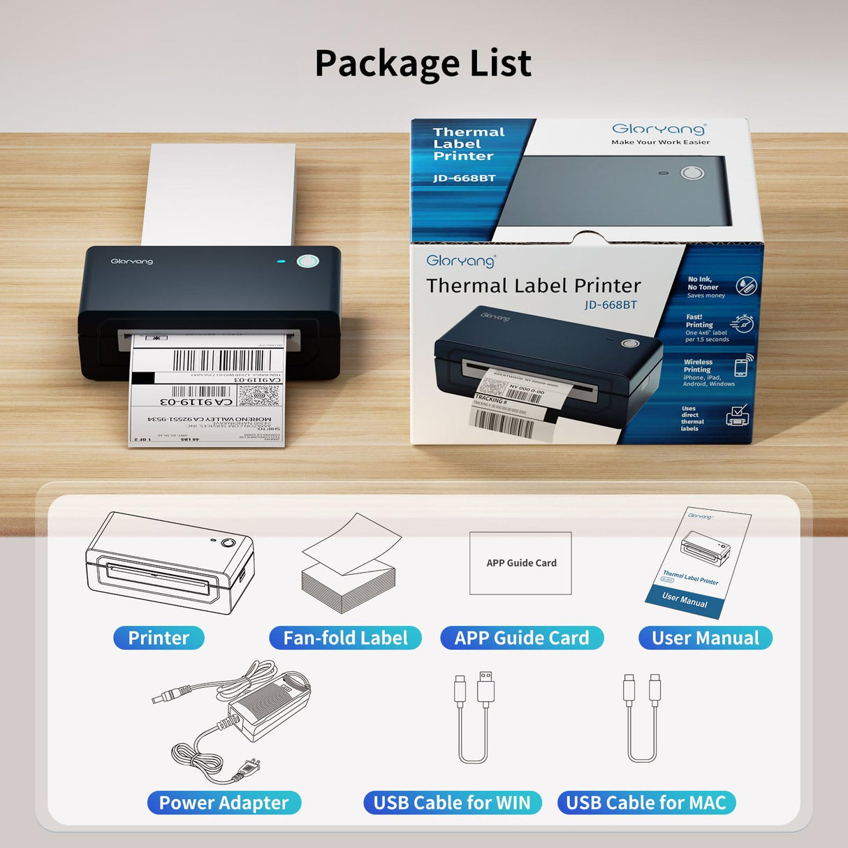 Gloryang Bluetooth Thermal Shipping Label Printer, 4X6 Inkless Label Printer for iOS, Android, Laptop, Wireless Printer for Small Business, Compatible with Amazon, UPS, Shopify, Black Gloryang