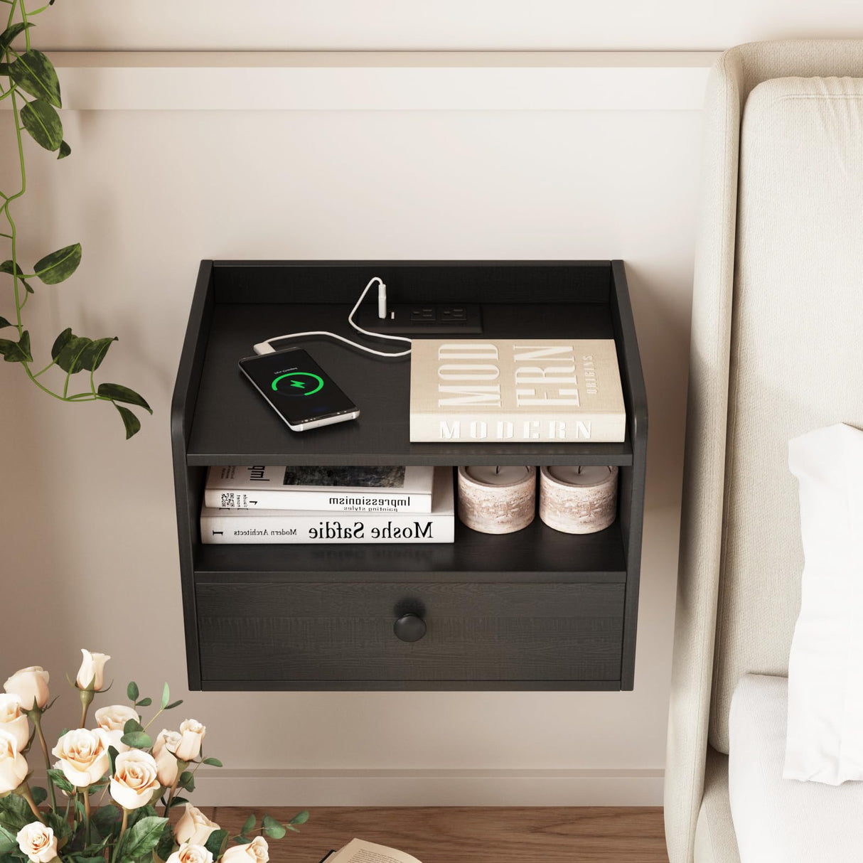 Black Floating Nightstand Set of 2 with Charging Station and Storage Drawer Wall Mounted Bedside End Table Wood Modern Night Stand for Bedroom Nightstands Set 2 Black HOSEOKA