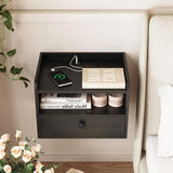 Black Floating Nightstand Set of 2 with Charging Station and Storage Drawer Wall Mounted Bedside End Table Wood Modern Night Stand for Bedroom Nightstands Set 2 Black HOSEOKA