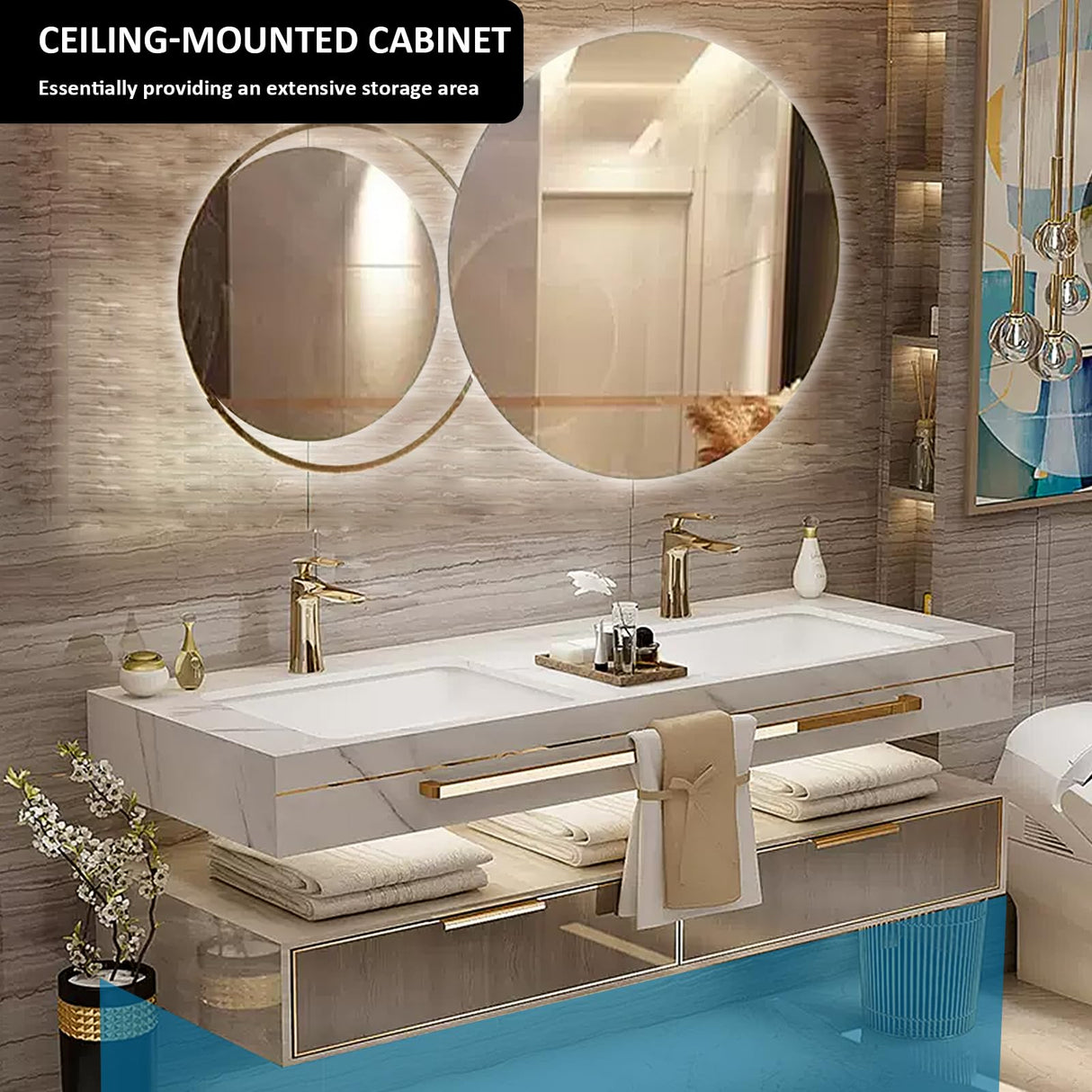 NAIROLET Bathroom Vanities with Sink - Double Wall Mouted Cabinet Towel Hanging & Led Light & Defogging Mirror | Gold Modern Metal Luxury Style Wood Freestanding Bathroom Vanities (84'') NAIROLET