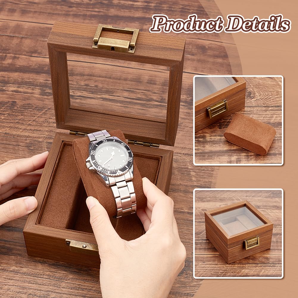 AHANDMAKER Single Watch Display Stand with Clear Glass Window Wood Watch Gift Box Watch Holder Jewelry Collection Jewelry Holder, Coconut Brown AHANDMAKER