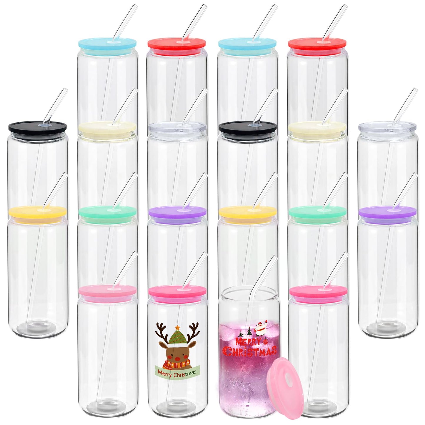 20 Pack Sublimation Glass Cups with Acrylic Lids and Glass Straws 16oz Clear Glass Tumbler Blanks Beer Can Iced Coffee Cups Drinking Glasses, Cute Glass Cups for Tea Soda Smoothie Whiskey DIY Gift