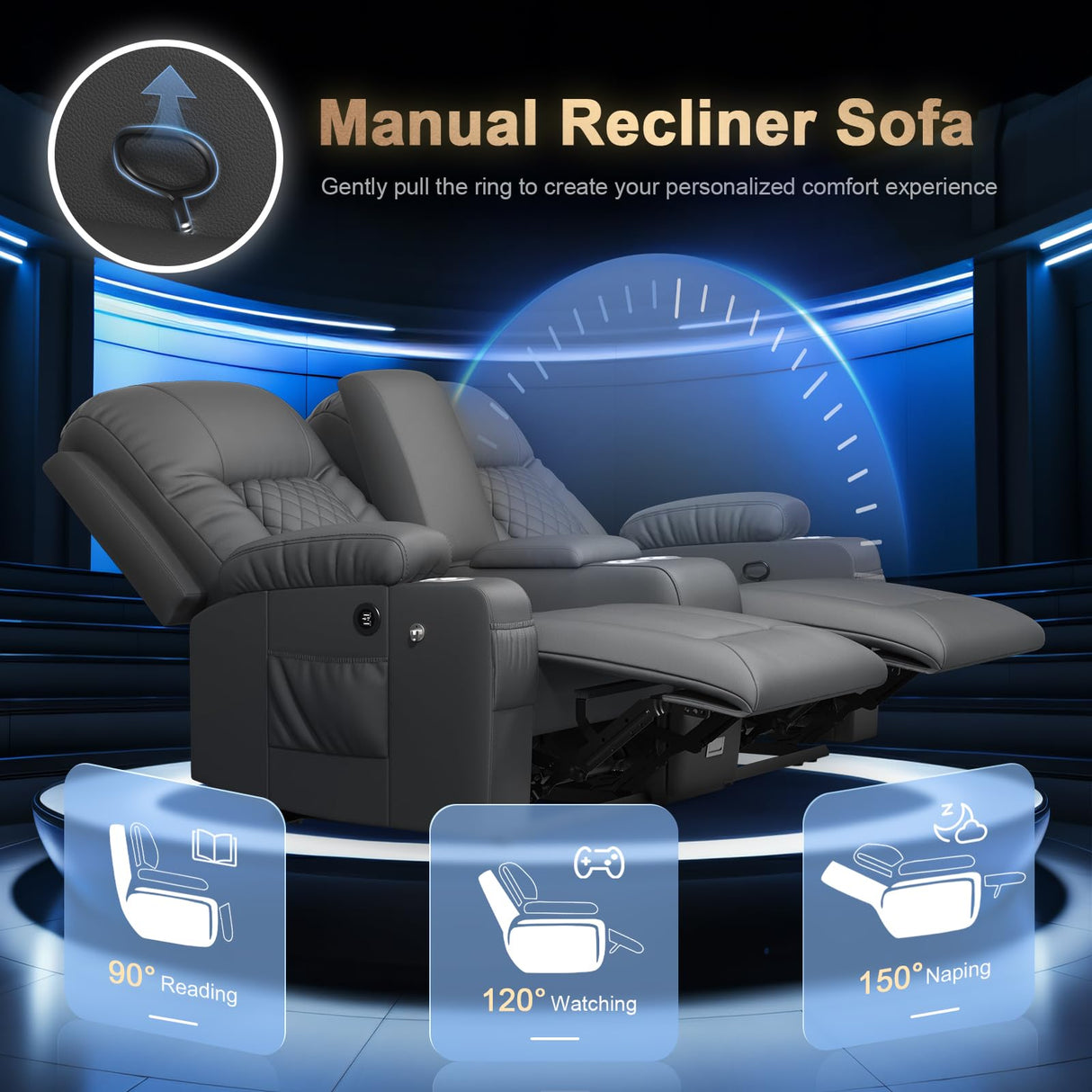 DG PEAFOWL Loveseat Recliner Sofa, Home Theater Seating with Center Console, Reclining Loveseat RV Couch with USB Ports & Phone Holders, Wall Hugger RV Sofa Furniture with Storage & Pocket DG PEAFOWL