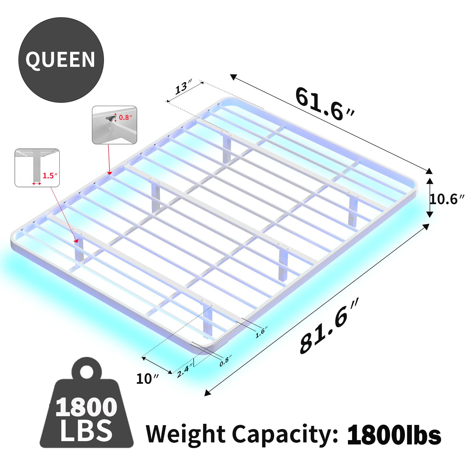 Meitewei Modern White Queen Floating Bed Frame with LED Lights and Heavy Duty Steel Slats - WoodArtSupply