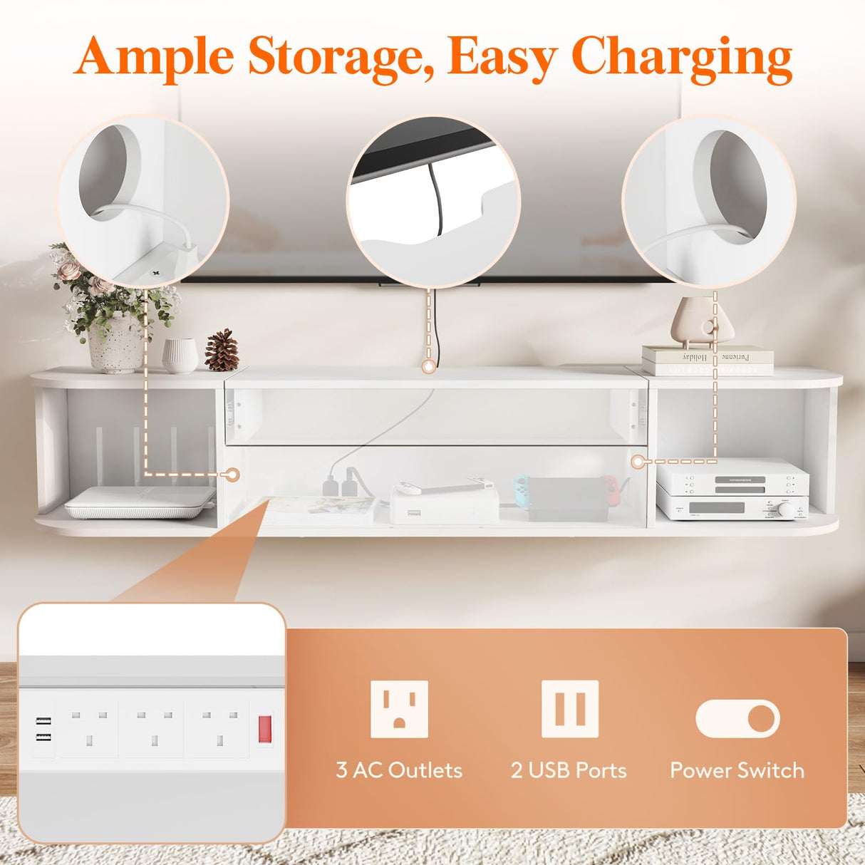 Lifewit Floating TV Stand for up to 50" TV, Wall Mounted Entertainment Center with Power Outlets and USB Ports, Large Storage Space with Sliding Tabletop, Open Shelves, White Lifewit