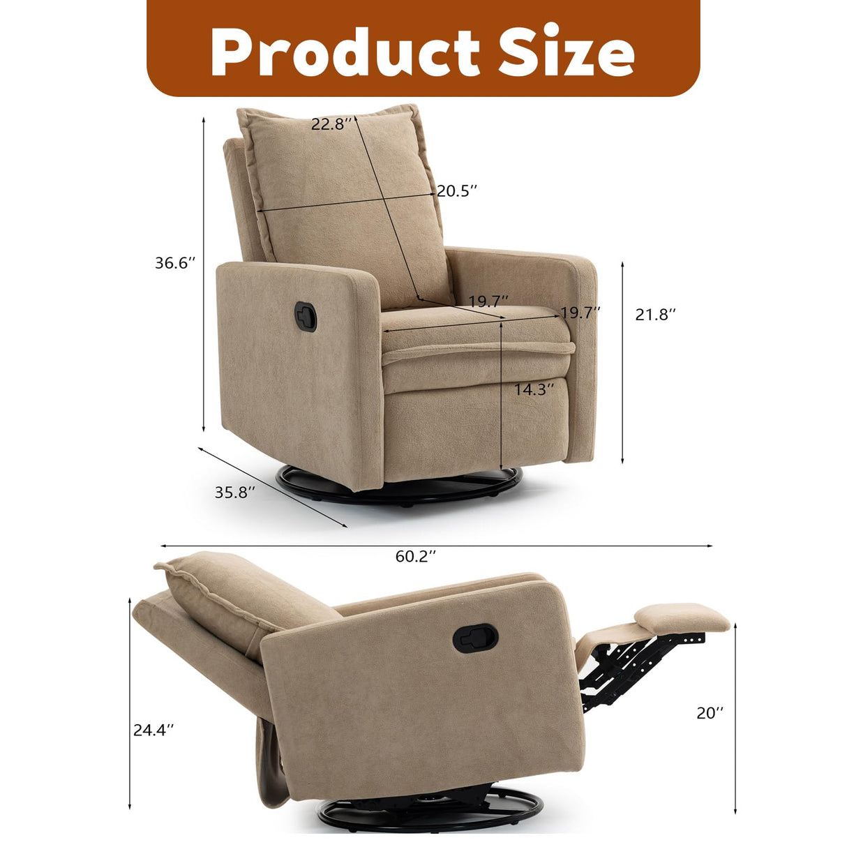 Rocker Recliner Chair for Adults, Swivel Rocker Recliner Chairs with Armrests, Glider Recliner Nursery Chair with Black Metal Base, Small Recliners for Small Spaces, Living Room (Camel) Anwick